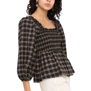 Ganni black brown plaid square neck puff sleeve smocked blouse size 42 L